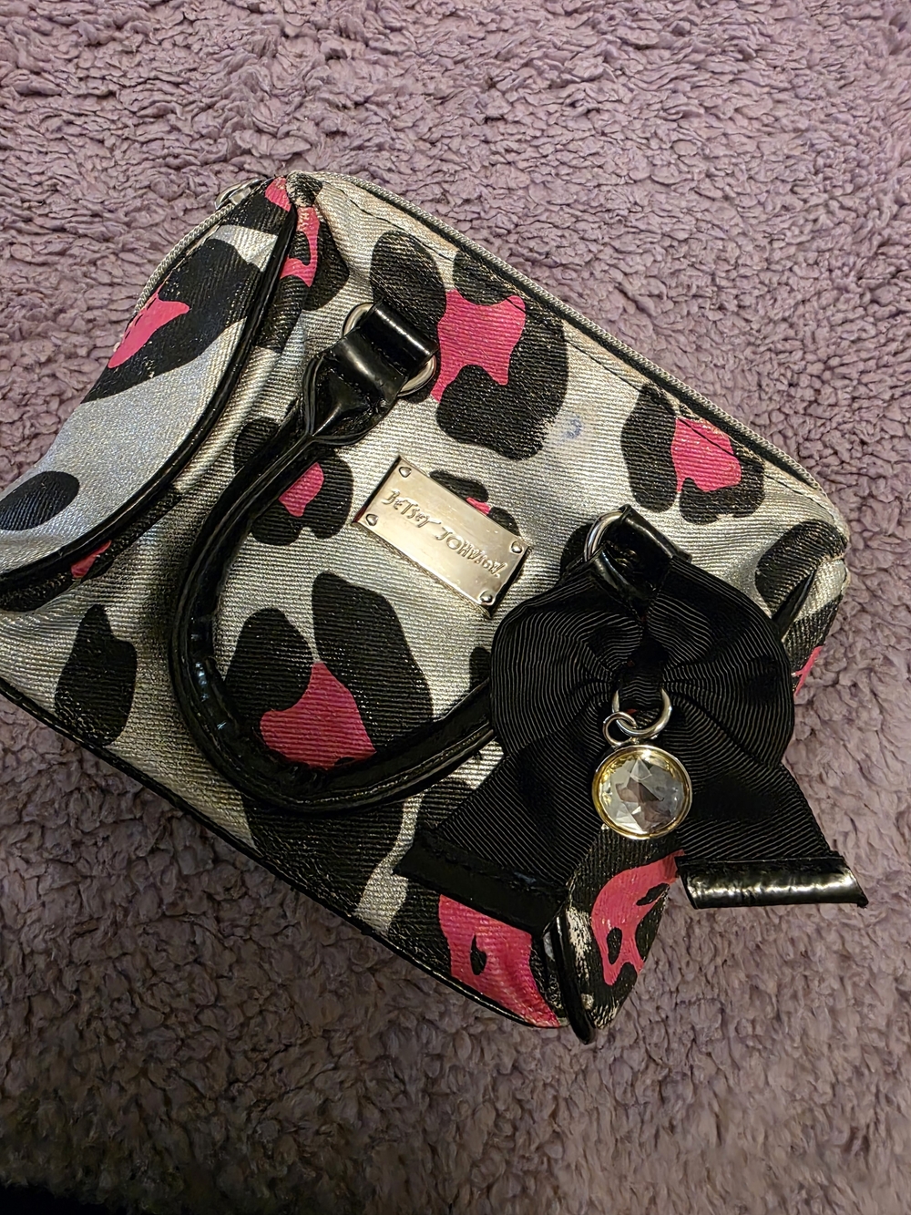 Betsey Johnson Silver and Hot Pink Mini Satchel with Bow Charm